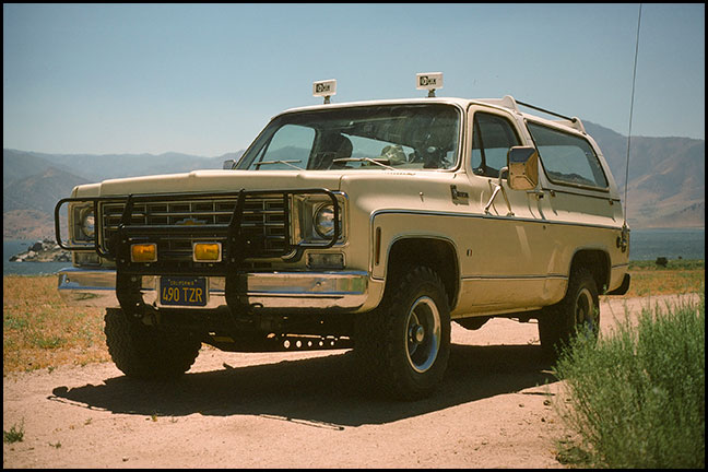Chevy Blazer, complete with cattle guard and four-wheel drive